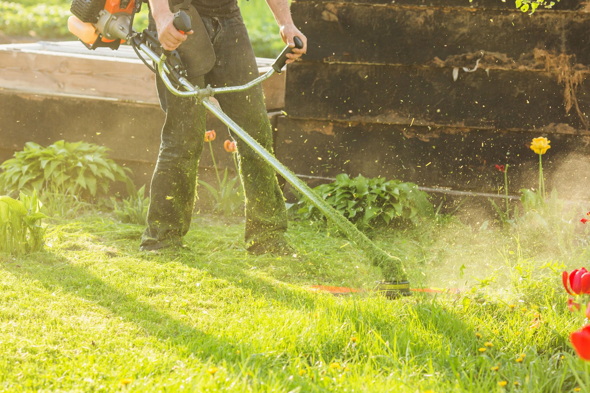 Mow the green grass lawn mower on a sunny day. Work and rest at the cottage. Farmland.